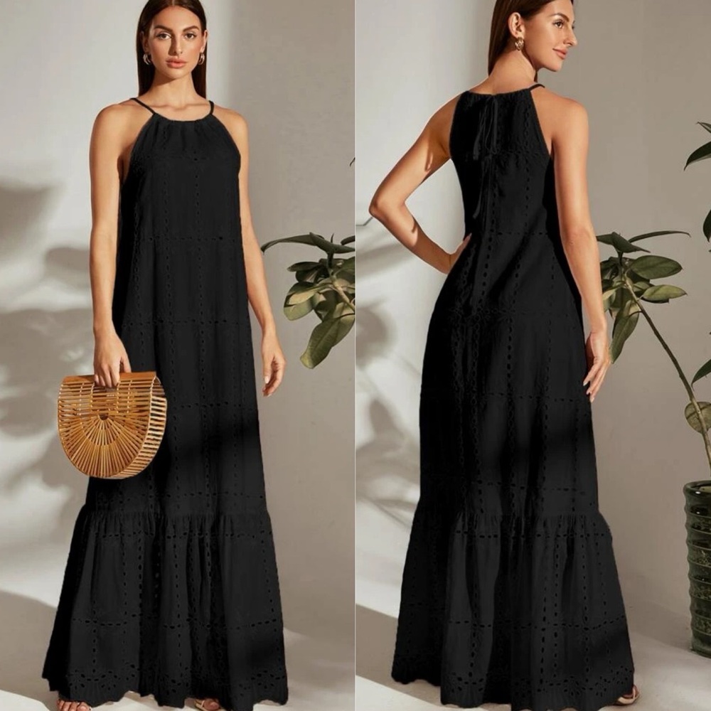 Boho gypsy eyelet schiffy high neck maxi dress cottagecore black